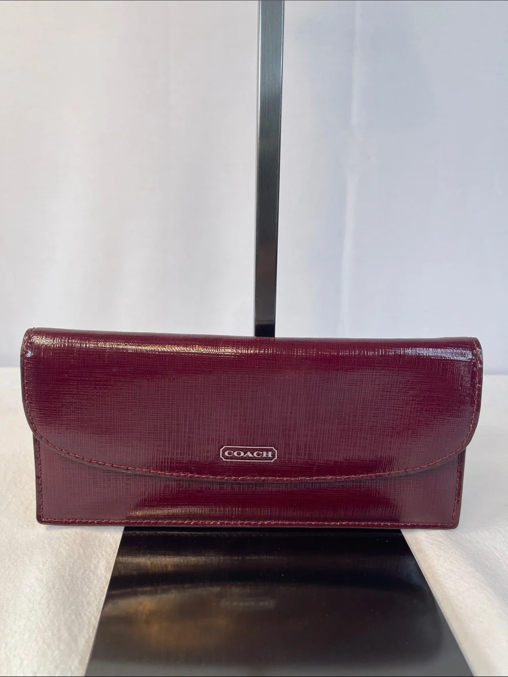 Coach Burgundy Patent Crossgrain Leather Checkbook Wallet Long Bifold Zip Wallet